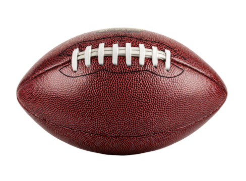 Close-up of a brown American football. Stitched leather covering, showing a textured surface. Oval shape, isolated against black background