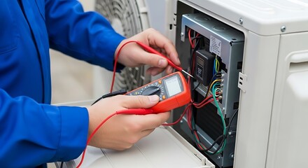 Technician using multimeter to check electrical wiring of an air conditioning unit