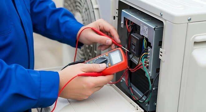 Technician using multimeter to check electrical wiring of an air conditioning unit