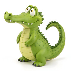 Fototapeta premium A cute and cuddly green crocodile toy standing on a white surface, looking off to the side with a sweet expression isolated on white background it has a scaly skin