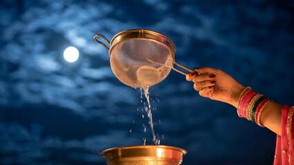 Woman pouring holy water under full moon ritual night
