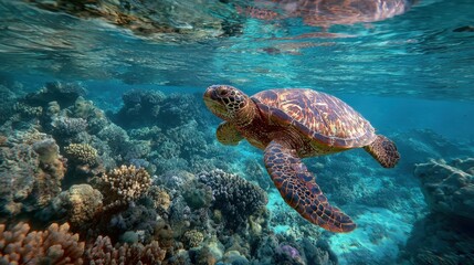 Obraz premium Sea turtle gracefully swims through vibrant coral reef under clear ocean waters in tropical paradise