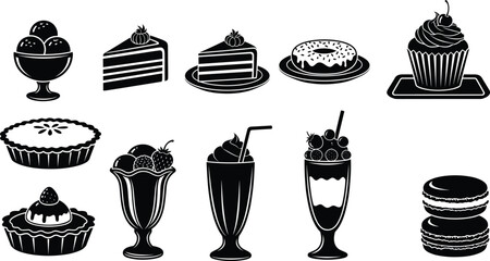 Vector illustration of assorted desserts and beverages including ice cream, cake slices, donut, cupcake, pies, fruit parfaits, milkshakes, and macarons.