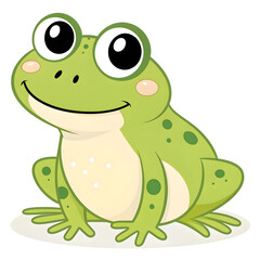 Fototapeta premium A friendly green cartoon frog with big eyes and a cheerful smile, isolated on white background, showcasing its cute and playful design in a vibrant illustration
