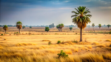 Fototapeta premium Vast african savannah landscape with palm trees under a dramatic sky