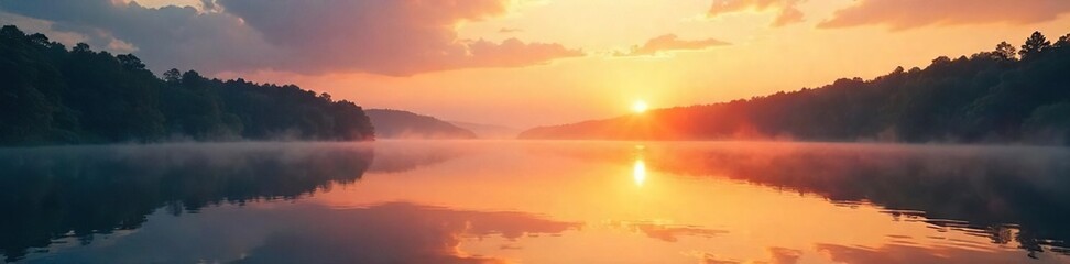 Fototapeta premium Peaceful morning sunrise over calm lake, perfect for relaxation and personal time Enjoy the tranquility of nature and unwind , quiet, sky