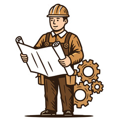 Construction worker holding blueprint with brown outfit and gears background vector illustration