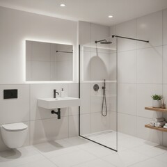 Modern Minimalist Bathroom Interior Design with White Tiles, Matte Black Fixtures, Wall-Mounted Toilet, Floating Sink, Walk-in Shower, Backlit Mirror, and Wooden Shelving