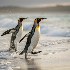 Obraz premium Two king penguins waddling through the surf on a sandy beach, their sleek black and white feathers glistening in the sunlight, creating a captivating scene of wildlife