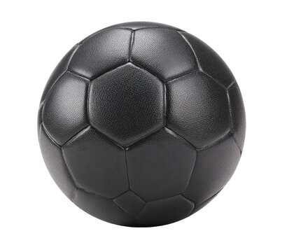 A full, close-up view of a black soccer ball. The panels are hexagonal and evenly spaced. Smooth, dark surface