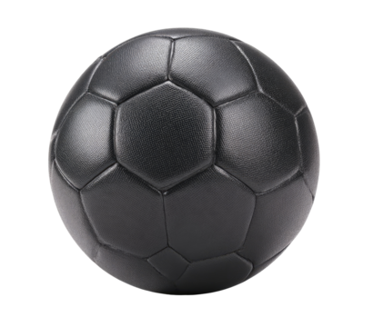 A full, close-up view of a black soccer ball.  The panels are hexagonal and evenly spaced.  Smooth, dark surface