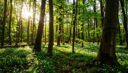 Naklejka premium Sunlight filtering through a dense forest floor blanketed in spring wildflowers