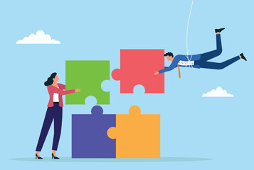 Vector illustration of teamwork with a businessman and businesswoman connecting puzzle pieces, symbolizing collaboration, partnership, and working together to achieve success
