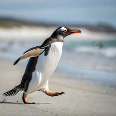 Fototapeta premium Gentoo penguin strides confidently along a sandy beach, its orange beak and feet contrasting with its black and white plumage, against a backdrop of ocean waves