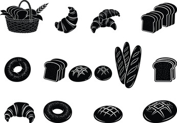 Vector set of bakery bread and pastry icons including croissants, bagels, baguettes, bread loaves, and sliced bread in black silhouette style.