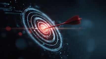 Fototapeta premium Digital dart hitting the center of a glowing target with concentric circles in a dark background
