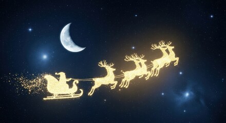 Santa Claus Flying Reindeer Sleigh Magical Night Sky