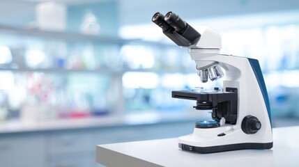 Fototapeta premium Modern laboratory microscope positioned on a clean countertop, with a bright, organized lab background