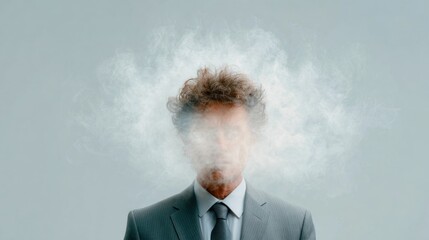 Businessman with smoke cloud covering head