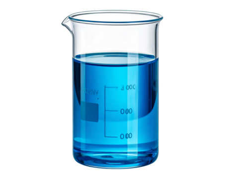 Chemical Reaction Beaker with Colorful Layered Liquids, Top-Down Angle, Transparent.