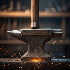 Close-Up of Metal Hammer and Anvil – Blacksmith Tools in Action