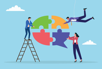 Vector illustration of a business team connecting colorful message puzzle pieces symbolizing teamwork, collaboration, communication, and shared ideas

