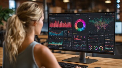 Woman working with data analytics dashboard on monitor