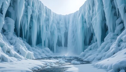 Icy waterfall with icicles hanging from cliffs in a winter scene