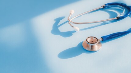 Close-up of a blue stethoscope resting on a soft blue surface, symbolizing healthcare and wellness
