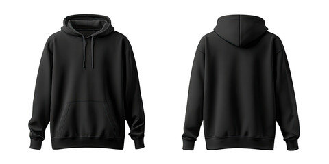 Front and back view of a black hooded sweatshirt