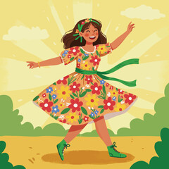 Fototapeta premium Girl Dancing Outdoors Wearing Colorful Floral Dress and Green Shoes in Sunny Day Vector Illustration 
