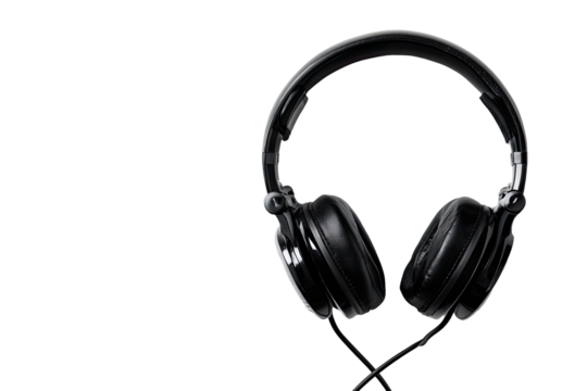 Close-up of black over-ear headphones,  dark background.  Headphones feature a smooth, matte black finish, and curved headband.  A cord is visible extending from the headphones