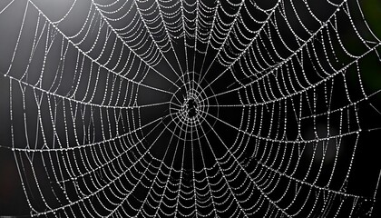 Obraz premium Close-up view of a delicate spiderweb, glistening with droplets against a dark background
