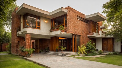 Modern brick and concrete house with lush garden and large windows on a quiet day.