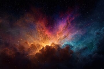 Naklejka premium Vibrant nebula bursts forth with an explosion of color against a dark cosmic backdrop, showcasing the beauty of interstellar hydrogen clouds and stardust