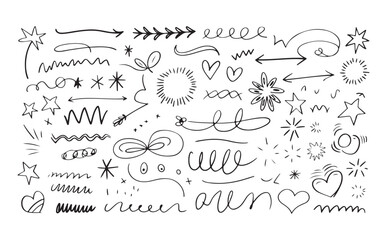 Abstract doodle art set with arrows, scribbles, stars, hearts, swirls, sketch elements and decorative hand drawn design icons