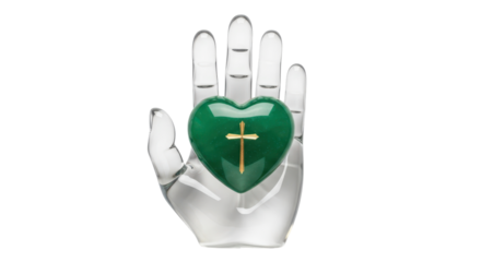 Isolated crystal hand holding green heart with golden cross, spiritual concept stone