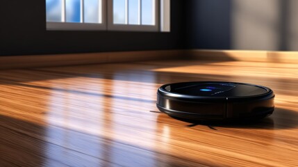 A sleek robotic vacuum cleaner operates on polished wooden floors, with sunlight streaming through a window