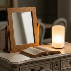 Wooden framed vanity mirror and glowing lamp placed on a dresser next to an open book isolated on white background