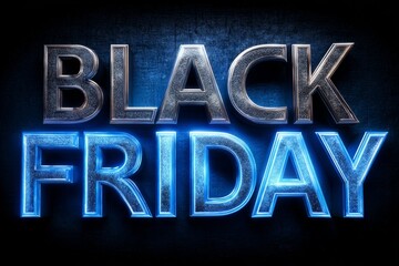 Shiny metallic Black Friday text glowing in blue on dark textured background.