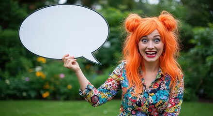 Vibrant Expression: A captivating individual with striking orange hair joyfully holds a speech bubble, her eyes sparkling with enthusiasm amidst the verdant embrace of a garden. 