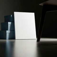 Blank white square canvas displayed next to stacked teal boxes with dramatic lighting isolated on white background