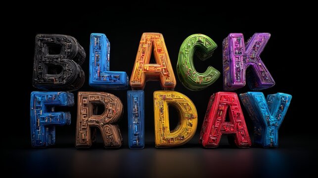 Black Friday colorful circuit-themed text design on black background. - Powered by Adobe