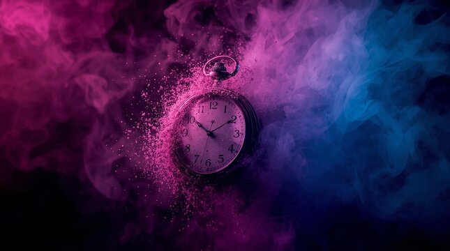 Surreal artistic photo of vintage pocket watch exploding in colorful pink and blue smoke clouds, concept of time, fantasy, imagination, mystery, abstract creative design background