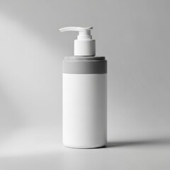 A white pump dispenser bottle with a grey collar stands elegantly isolated on a clean white background isolated on white background
