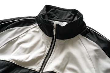 Close-up of a black and white track jacket.  Zippered front, contrasting panels