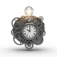 Steampunk clockwork mechanism with illuminated light bulb symbolizing innovation and time isolated on white background