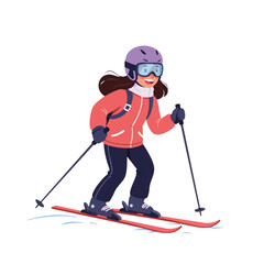 Obraz premium Woman skiing downhill wearing purple helmet and red jacket enjoying winter sport activity outdoors 