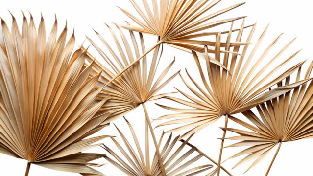 Arrangement of dried palm leaves isolated on transparent background, creating a natural and textured backdrop for bohemian style interior design and minimalist aesthetics