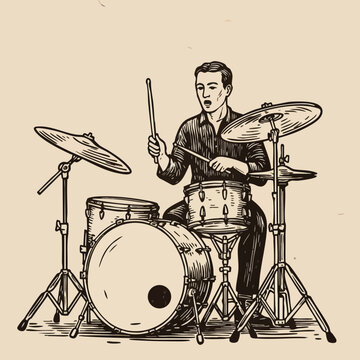 drummer playing drums, vintage style clip art preview